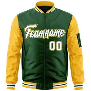 Custom Green White-Gold Varsity Full-Zip Raglan Sleeves Letterman Bomber Jacket