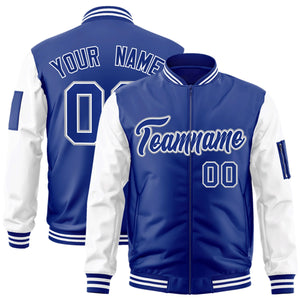 Custom Royal White-Gray Varsity Full-Zip Raglan Sleeves Letterman Bomber Jacket