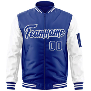 Custom Royal White-Gray Varsity Full-Zip Raglan Sleeves Letterman Bomber Jacket