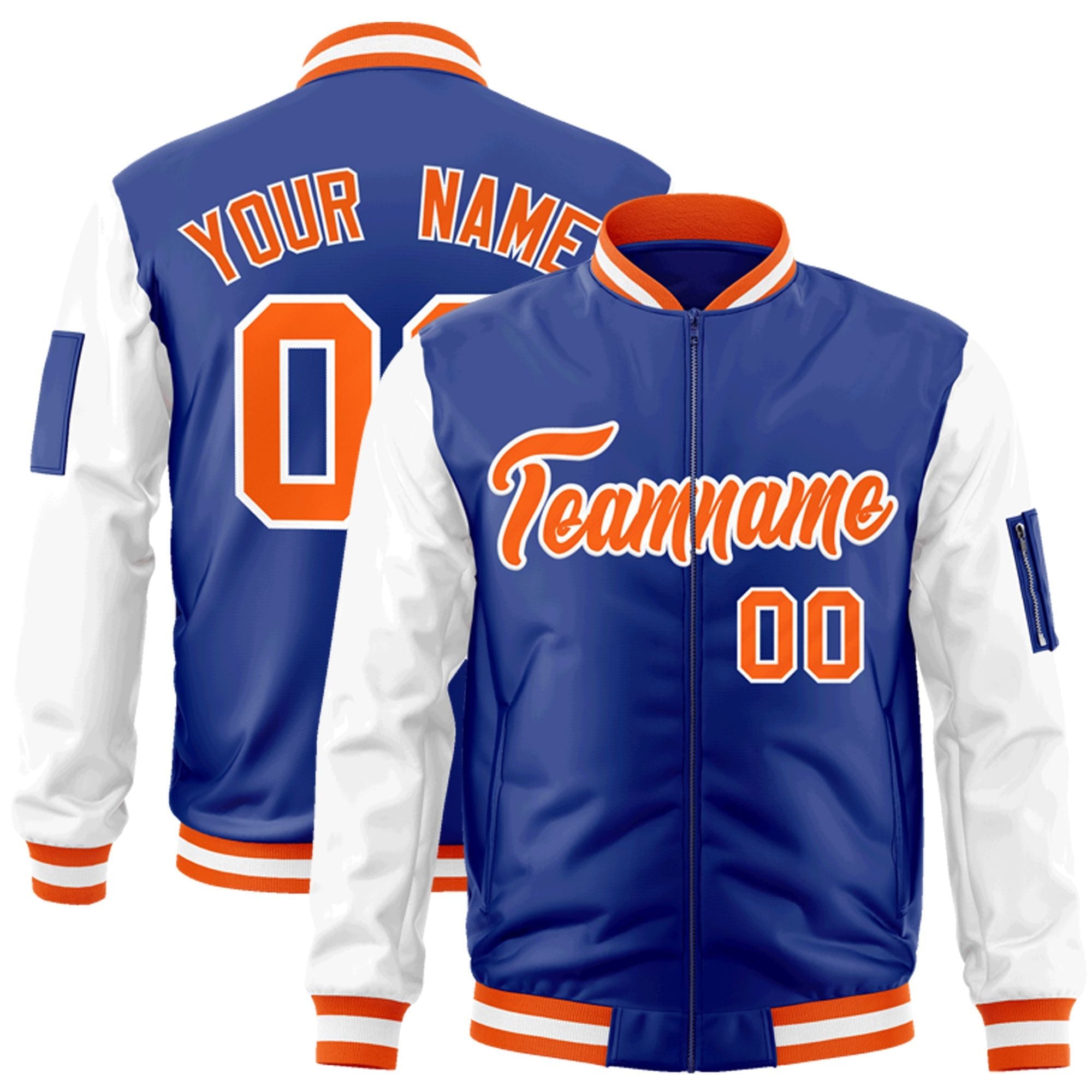 Custom Royal Orange-White Varsity Full-Zip Raglan Sleeves Letterman Bomber Jacket