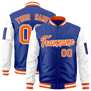 Custom Royal Orange-White Varsity Full-Zip Raglan Sleeves Letterman Bomber Jacket