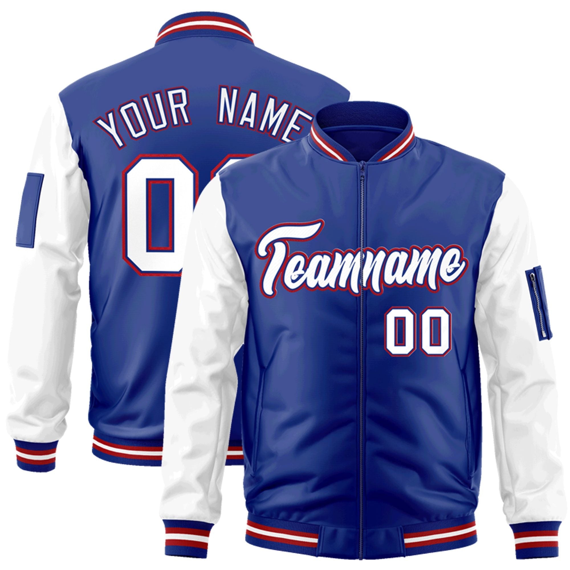 Custom Royal White-Red Varsity Full-Zip Raglan Sleeves Letterman Bomber Jacket