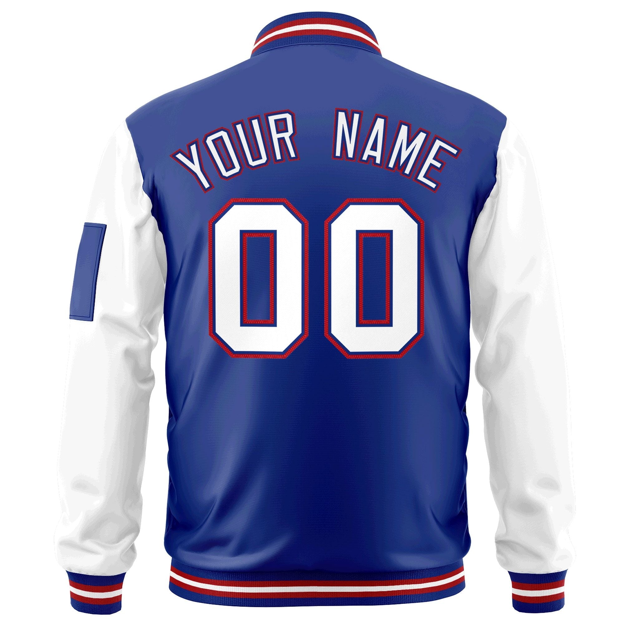 Custom Royal White-Red Varsity Full-Zip Raglan Sleeves Letterman Bomber Jacket