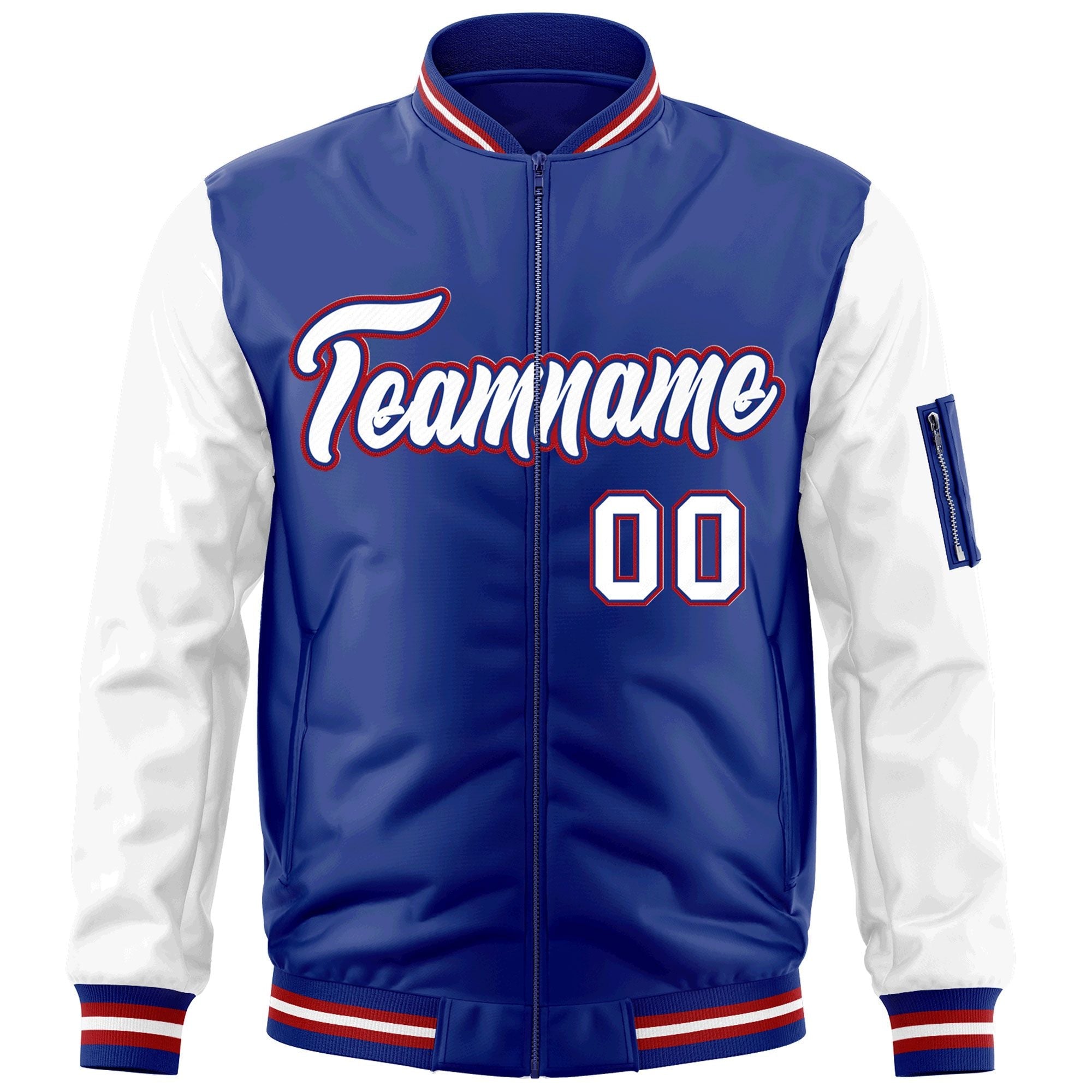 Custom Royal White-Red Varsity Full-Zip Raglan Sleeves Letterman Bomber Jacket