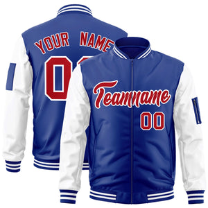 Custom Royal Red-White Varsity Full-Zip Raglan Sleeves Letterman Bomber Jacket