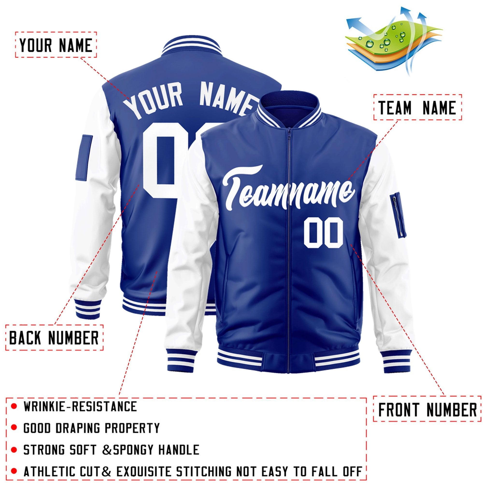 Custom Royal White Varsity Full-Zip Raglan Sleeves Letterman Bomber Jacket