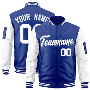 Custom Royal White Varsity Full-Zip Raglan Sleeves Letterman Bomber Jacket