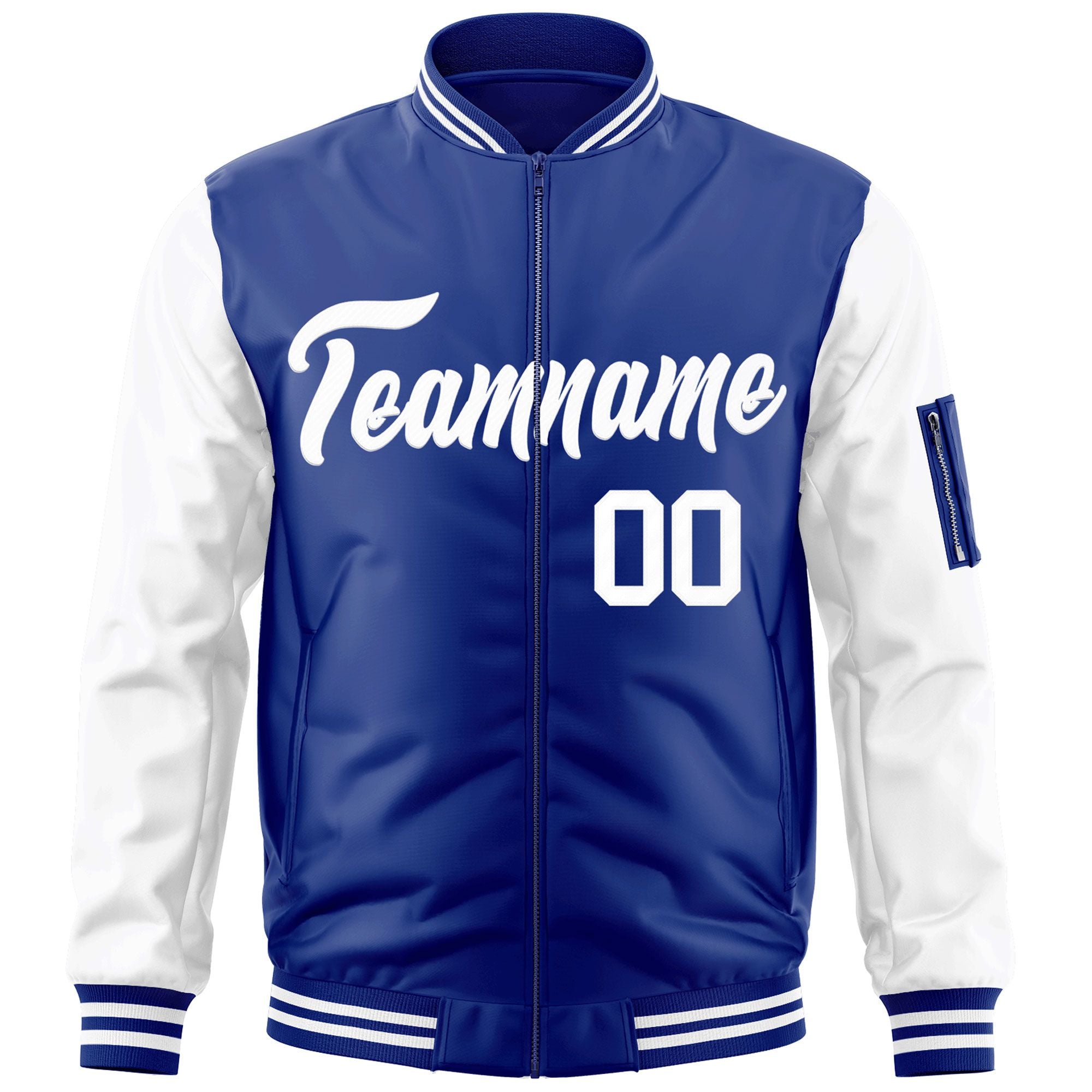 Custom Royal White Varsity Full-Zip Raglan Sleeves Letterman Bomber Jacket