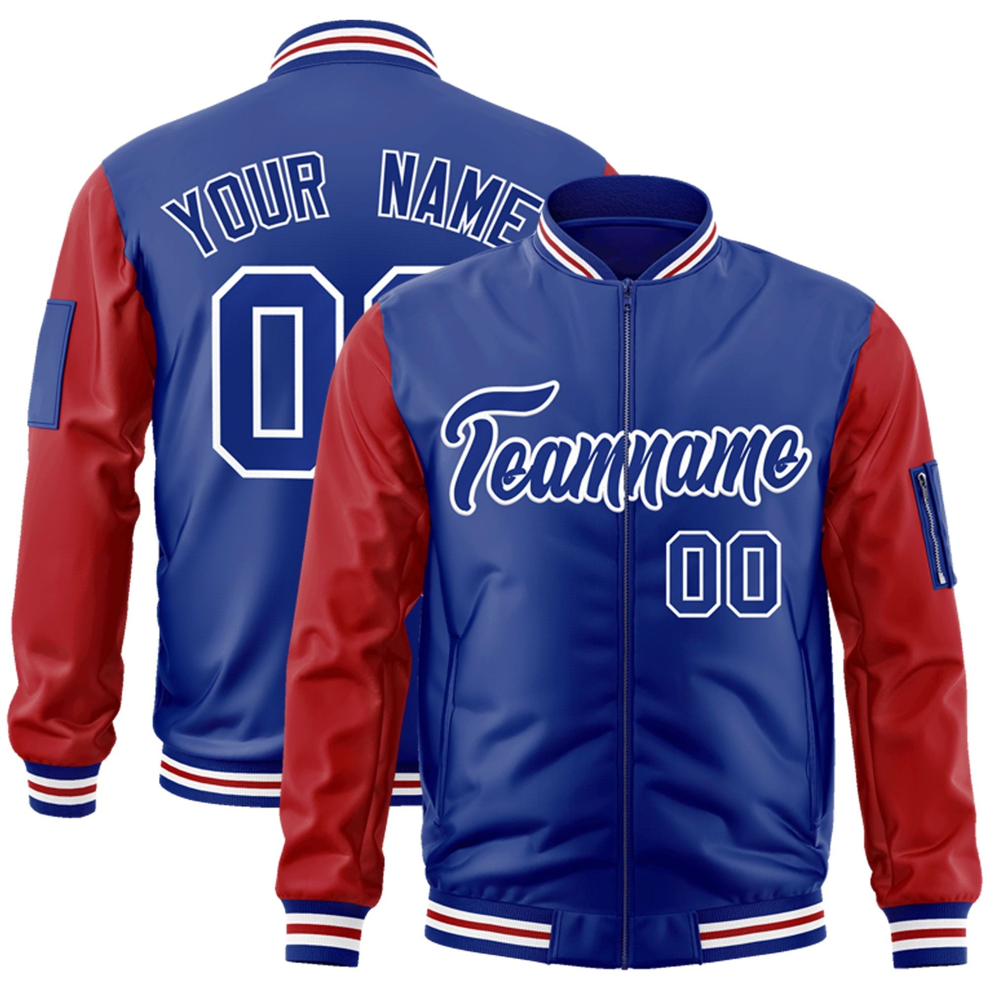 Custom Royal Red-White Varsity Full-Zip Raglan Sleeves Letterman Bomber Jacket