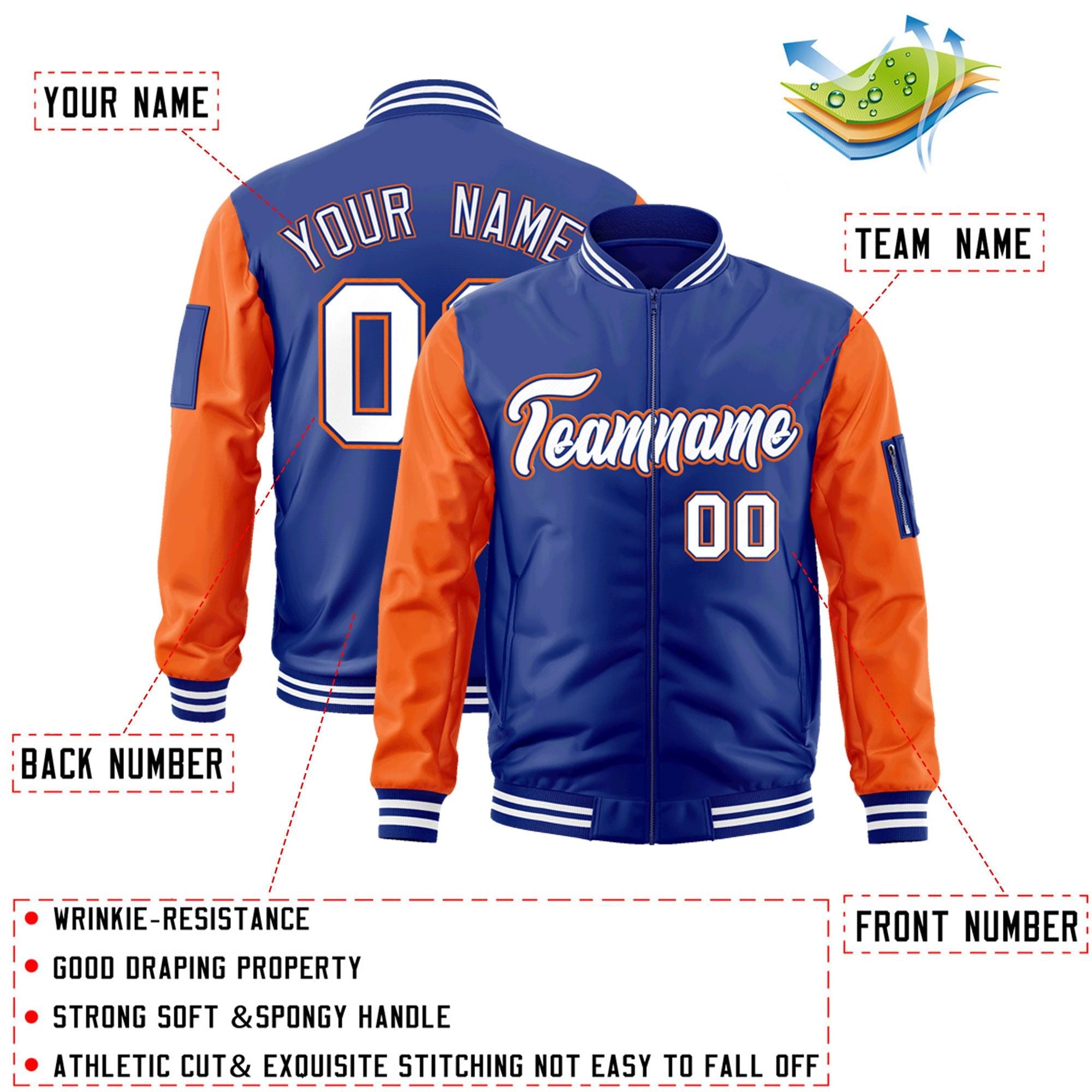 Custom Royal White-Orange Varsity Full-Zip Raglan Sleeves Letterman Bomber Jacket