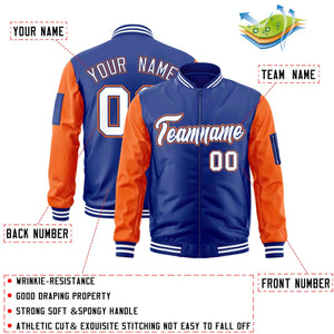 Custom Royal White-Orange Varsity Full-Zip Raglan Sleeves Letterman Bomber Jacket