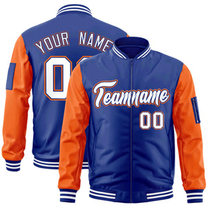 Custom Royal White-Orange Varsity Full-Zip Raglan Sleeves Letterman Bomber Jacket