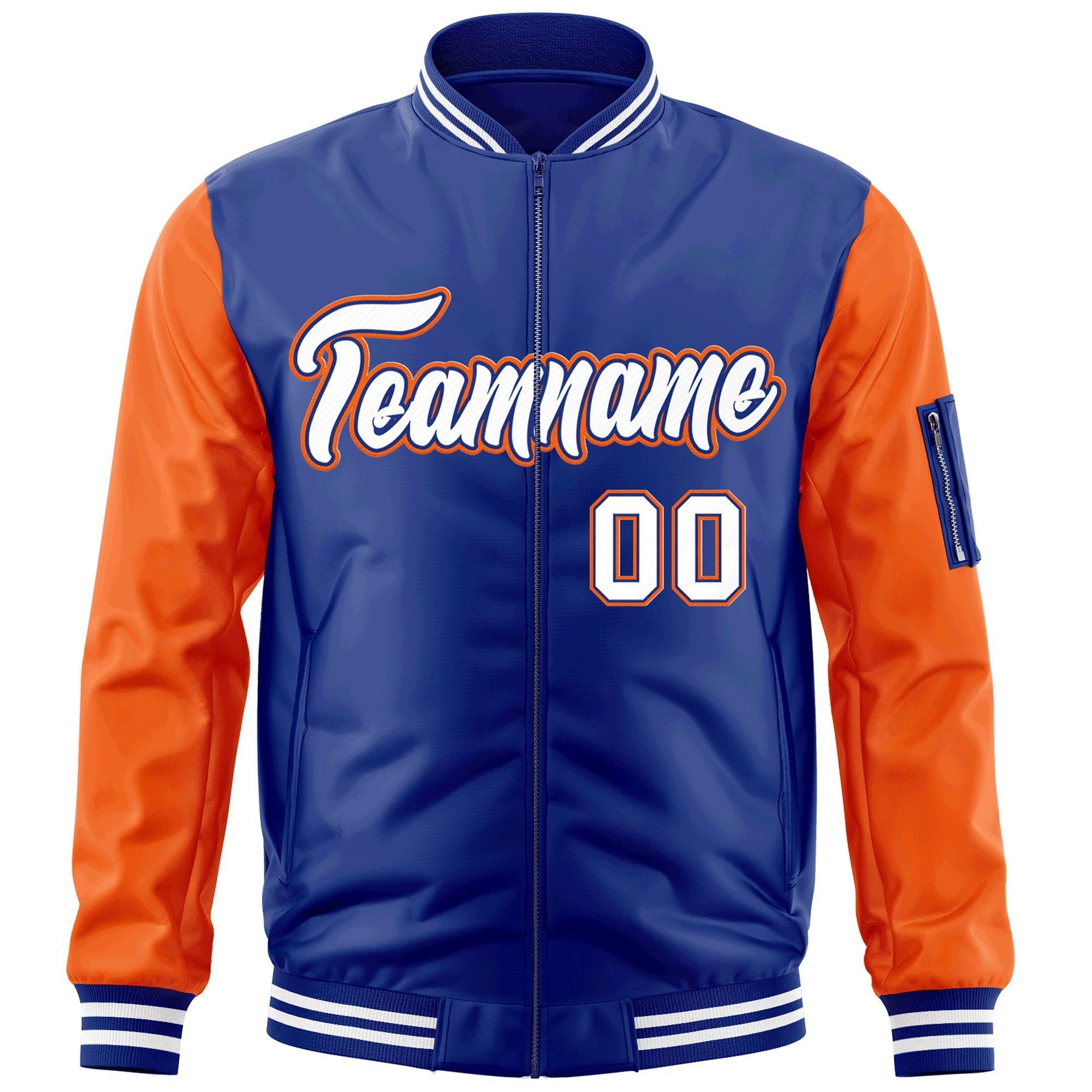 Custom Royal White-Orange Varsity Full-Zip Raglan Sleeves Letterman Bomber Jacket