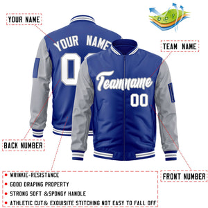 Custom Royal White-Gray Varsity Full-Zip Raglan Sleeves Letterman Bomber Jacket