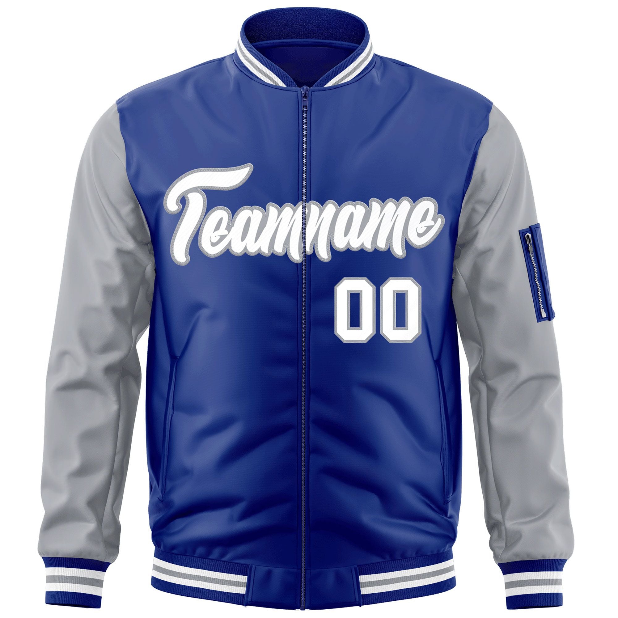 Custom Royal White-Gray Varsity Full-Zip Raglan Sleeves Letterman Bomber Jacket