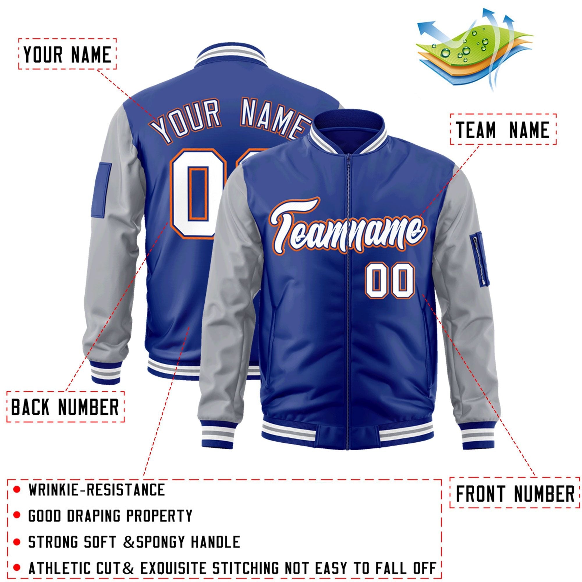 Custom Royal White-Gray Varsity Full-Zip Raglan Sleeves Letterman Bomber Jacket