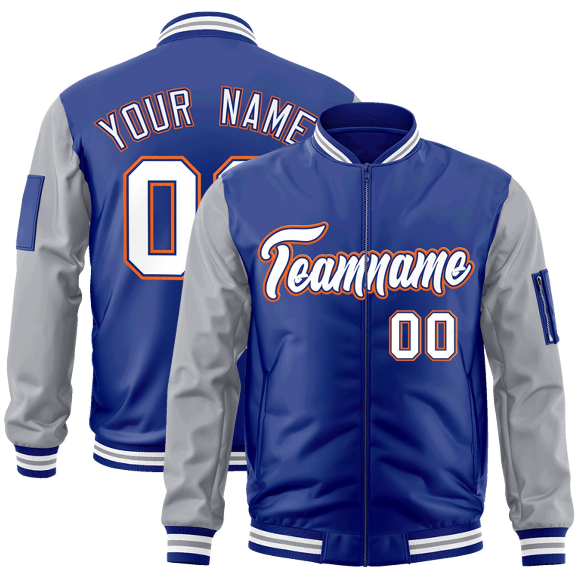 Custom Royal White-Gray Varsity Full-Zip Raglan Sleeves Letterman Bomber Jacket