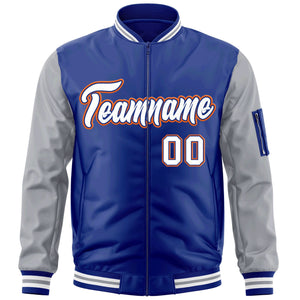 Custom Royal White-Gray Varsity Full-Zip Raglan Sleeves Letterman Bomber Jacket