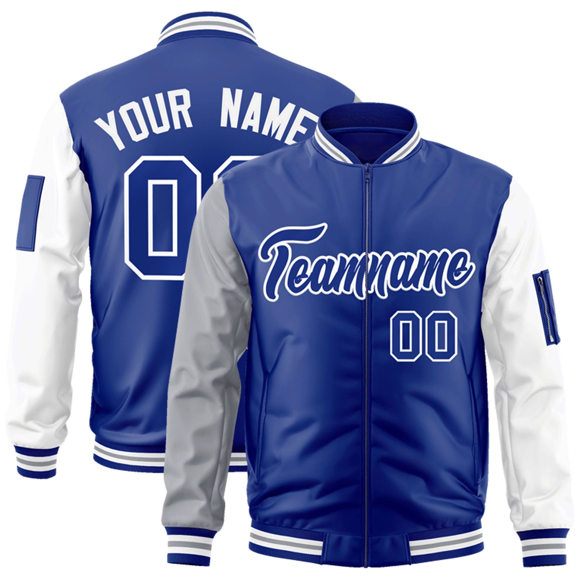 Custom Royal White-Gray Varsity Full-Zip Raglan Sleeves Letterman Bomber Jacket