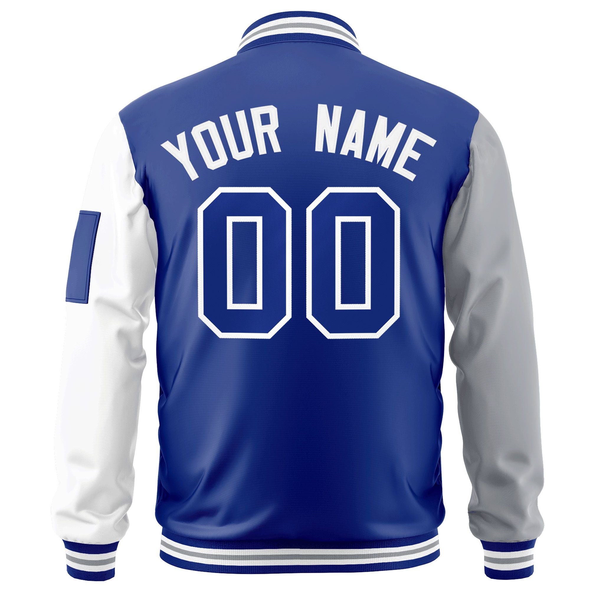 Custom Royal White-Gray Varsity Full-Zip Raglan Sleeves Letterman Bomber Jacket