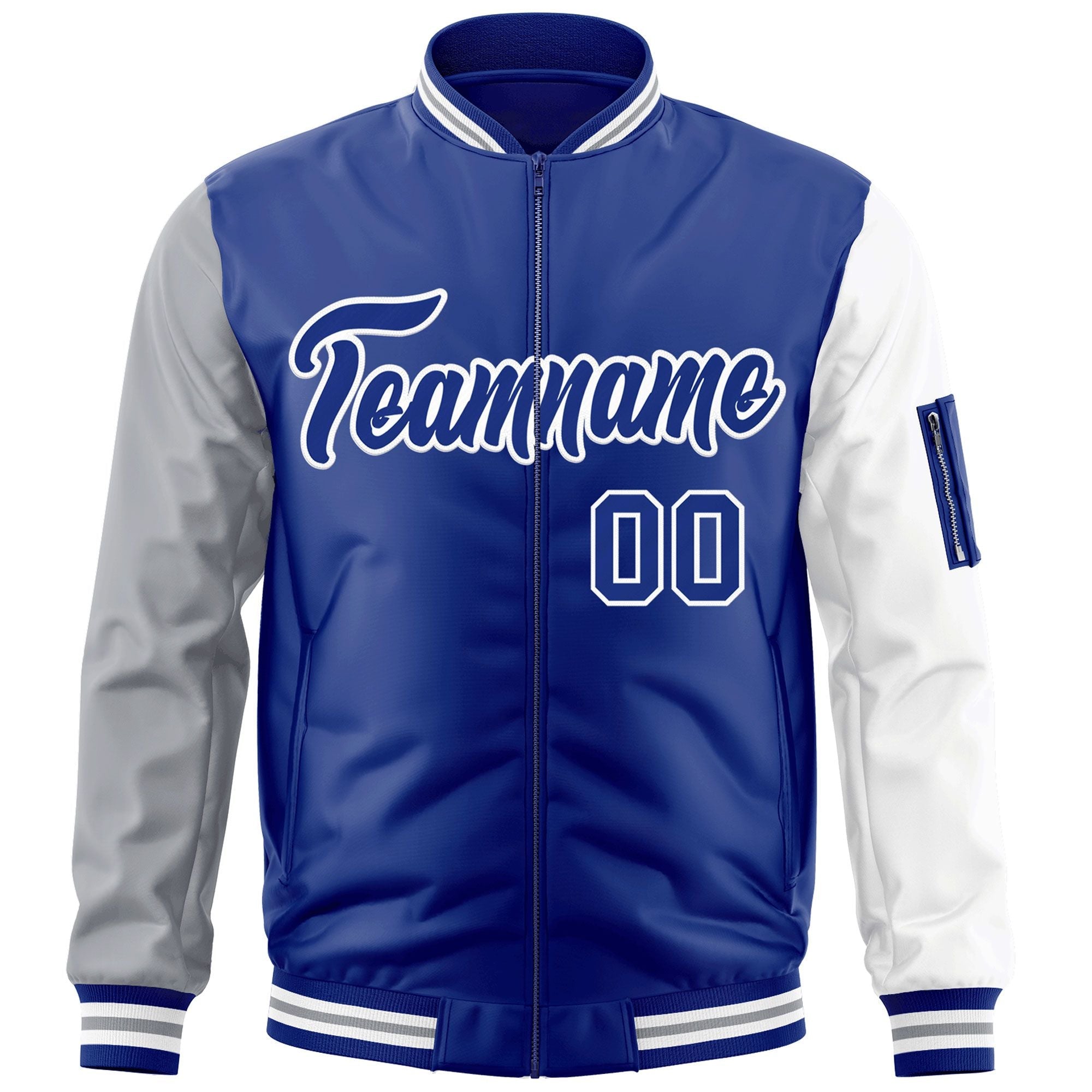 Custom Royal White-Gray Varsity Full-Zip Raglan Sleeves Letterman Bomber Jacket