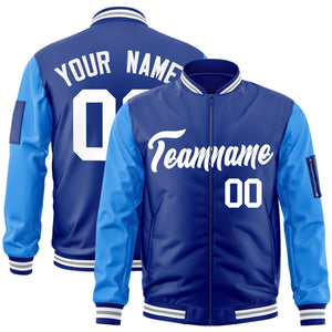 Custom Royal Powder Blue-White Varsity Full-Zip Raglan Sleeves Letterman Bomber Jacket