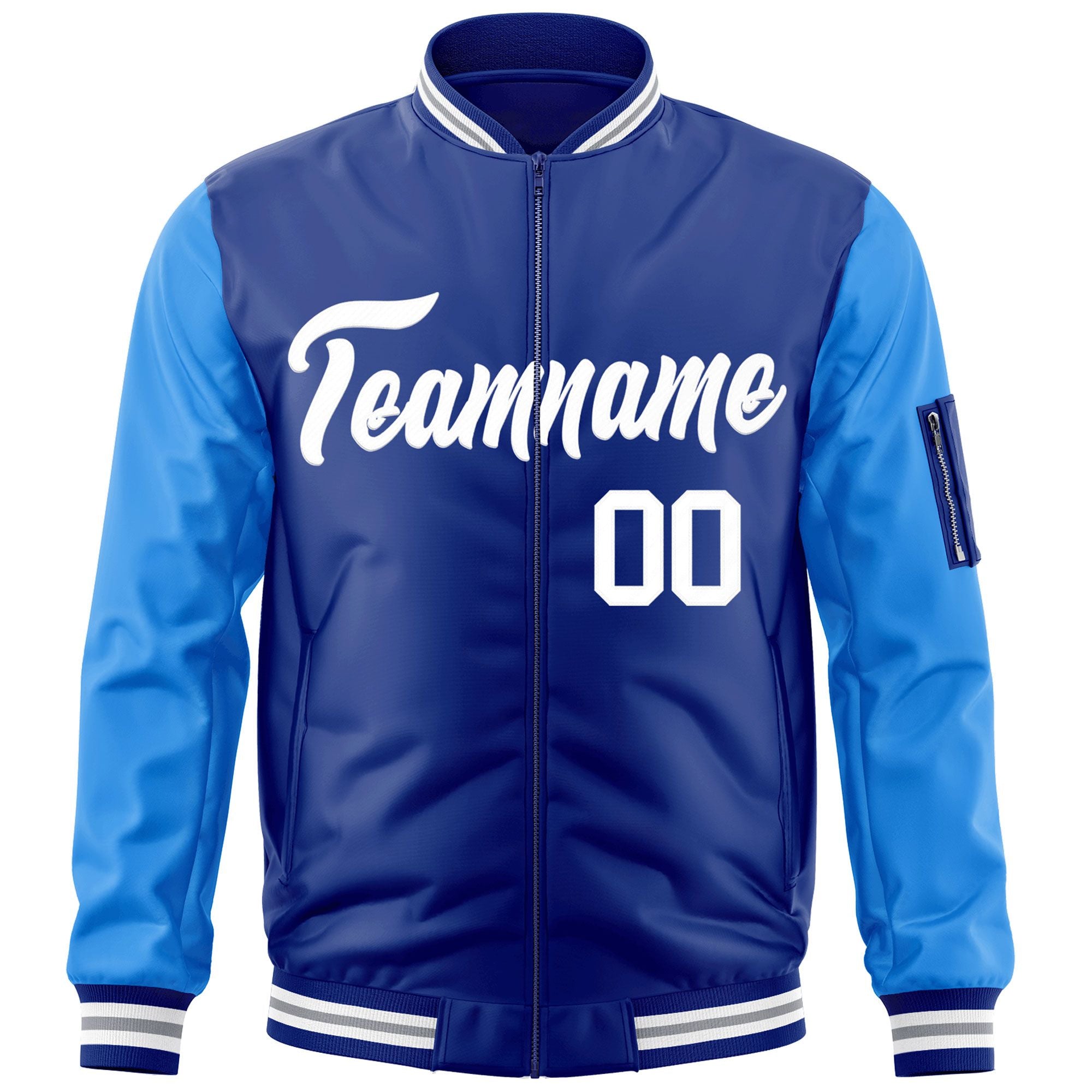 Custom Royal Powder Blue-White Varsity Full-Zip Raglan Sleeves Letterman Bomber Jacket