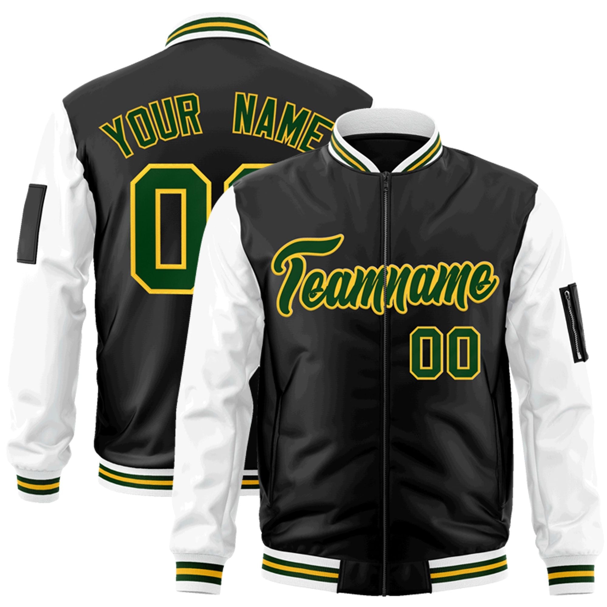 Custom Black White-Green Varsity Full-Zip Raglan Sleeves Letterman Bomber Jacket