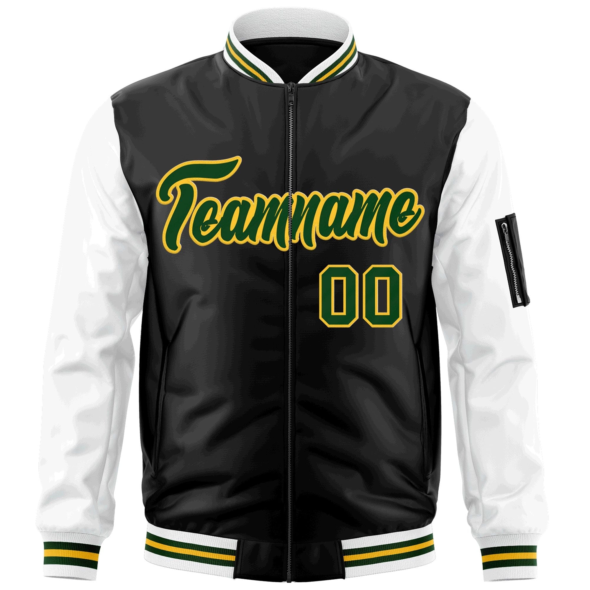 Custom Black White-Green Varsity Full-Zip Raglan Sleeves Letterman Bomber Jacket