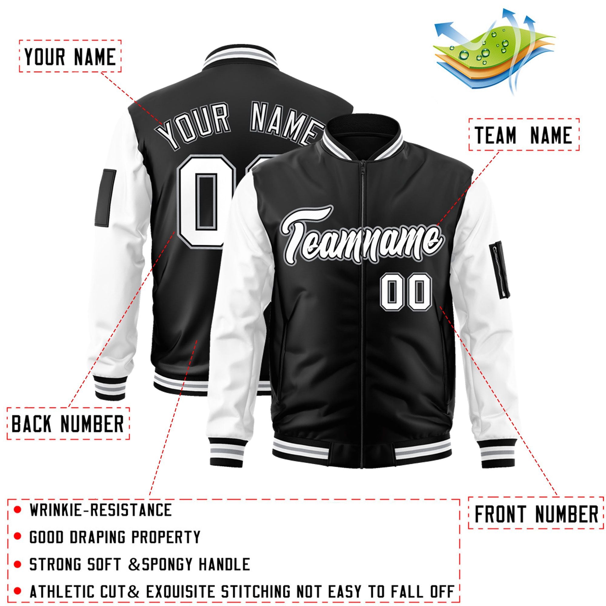 Custom Black White-Gray Varsity Full-Zip Raglan Sleeves Letterman Bomber Jacket