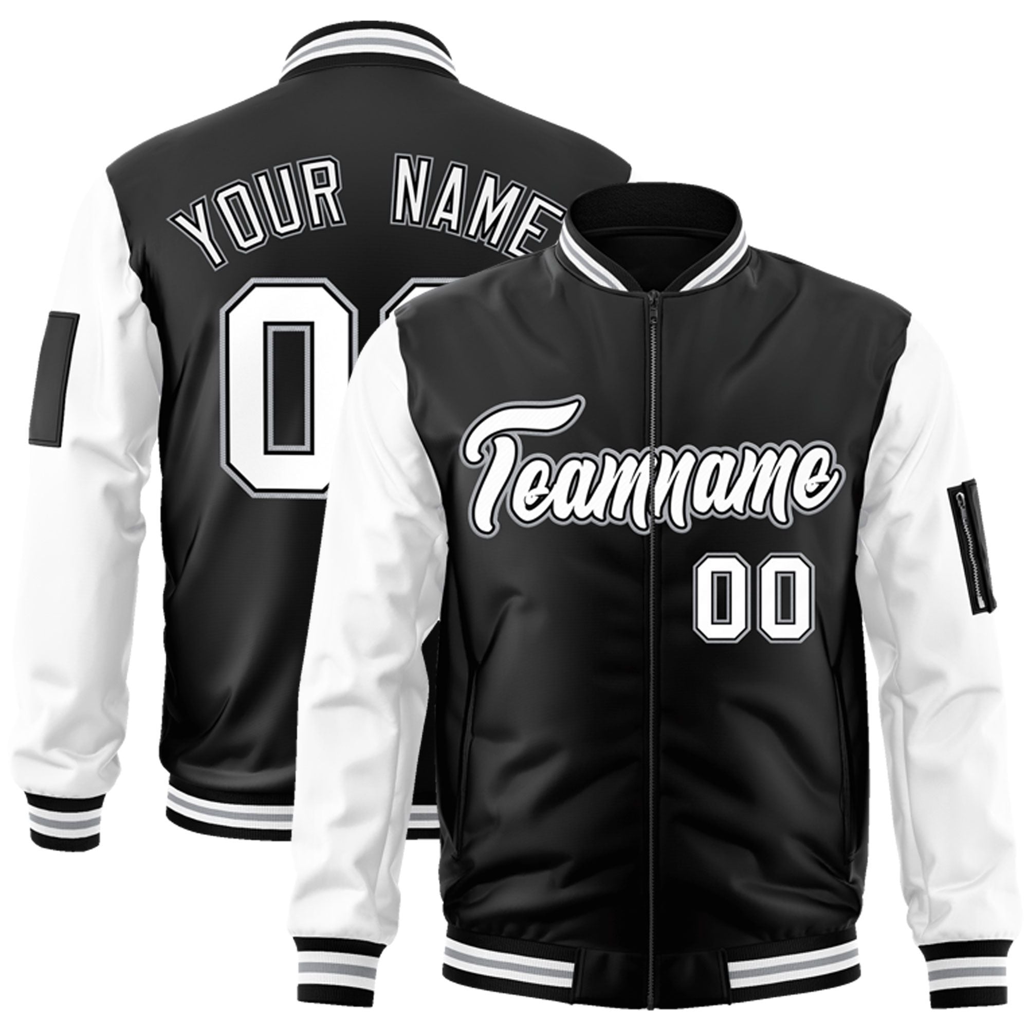 Custom Black White-Gray Varsity Full-Zip Raglan Sleeves Letterman Bomber Jacket