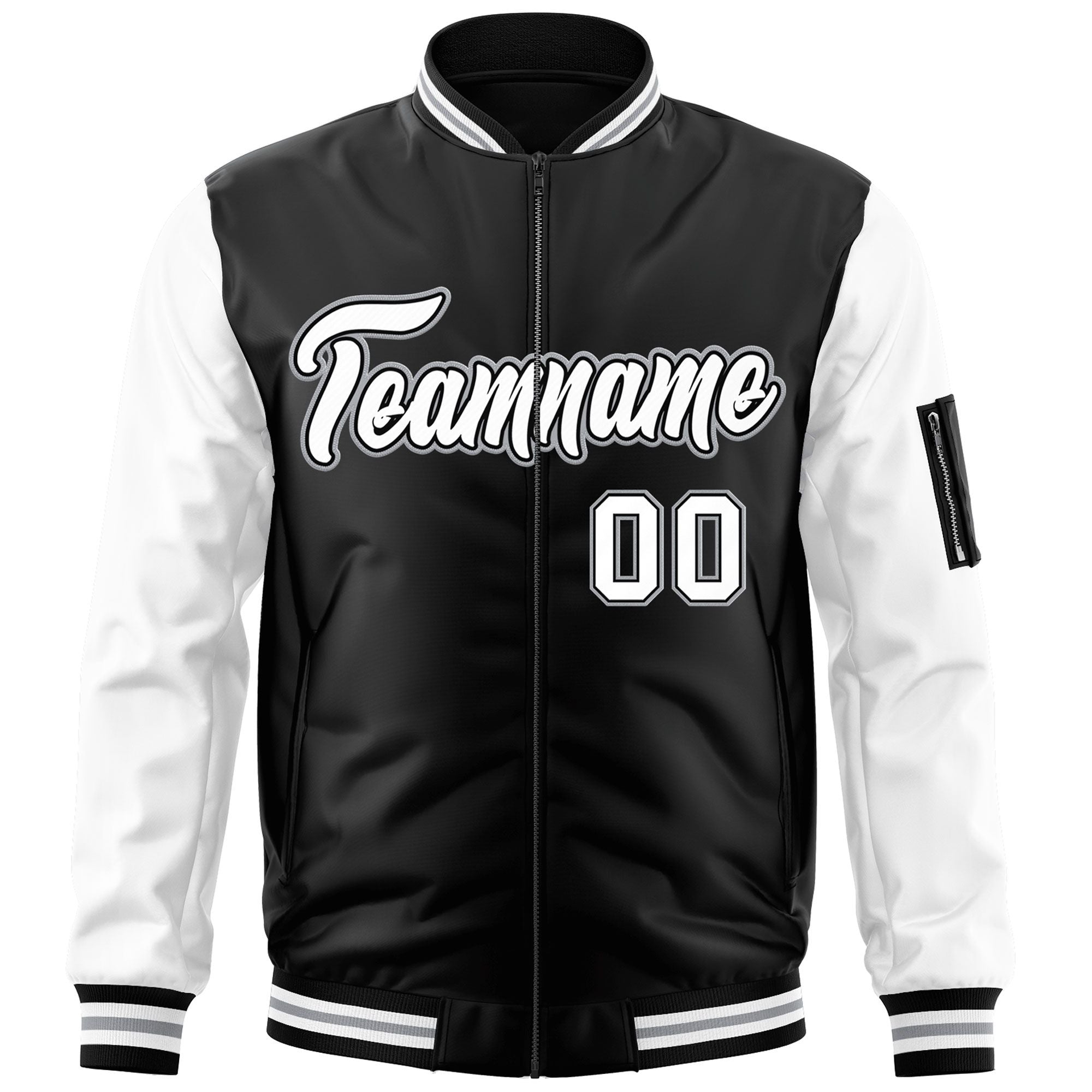 Custom Black White-Gray Varsity Full-Zip Raglan Sleeves Letterman Bomber Jacket