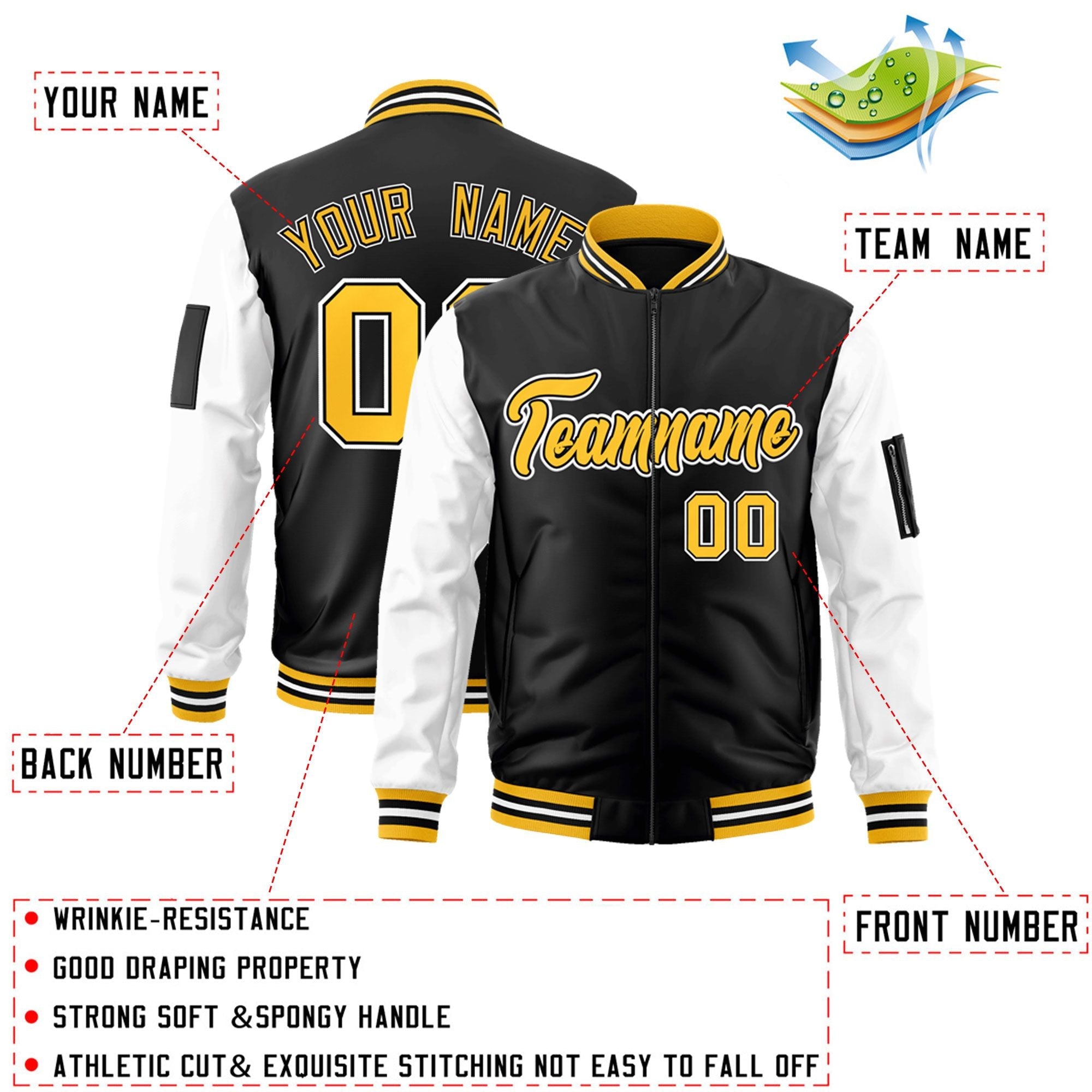 Custom Black White-Gold Varsity Full-Zip Raglan Sleeves Letterman Bomber Jacket