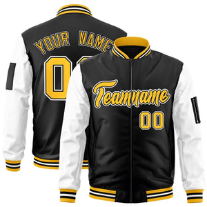 Custom Black White-Gold Varsity Full-Zip Raglan Sleeves Letterman Bomber Jacket