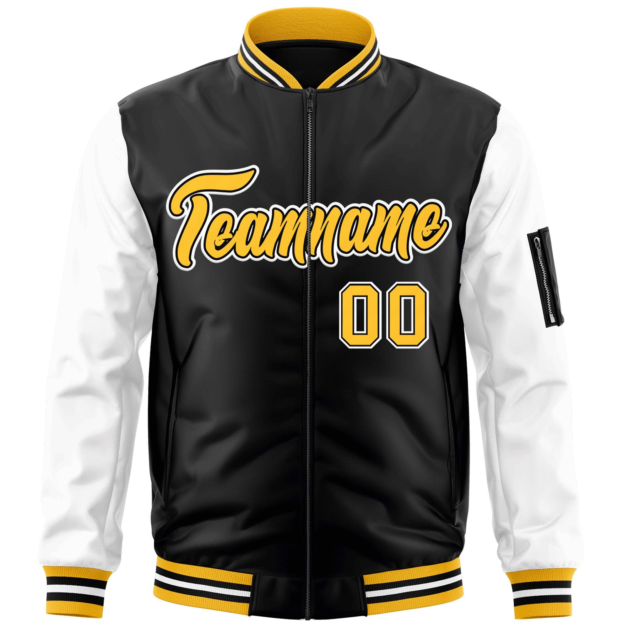 Custom Black White-Gold Varsity Full-Zip Raglan Sleeves Letterman Bomber Jacket