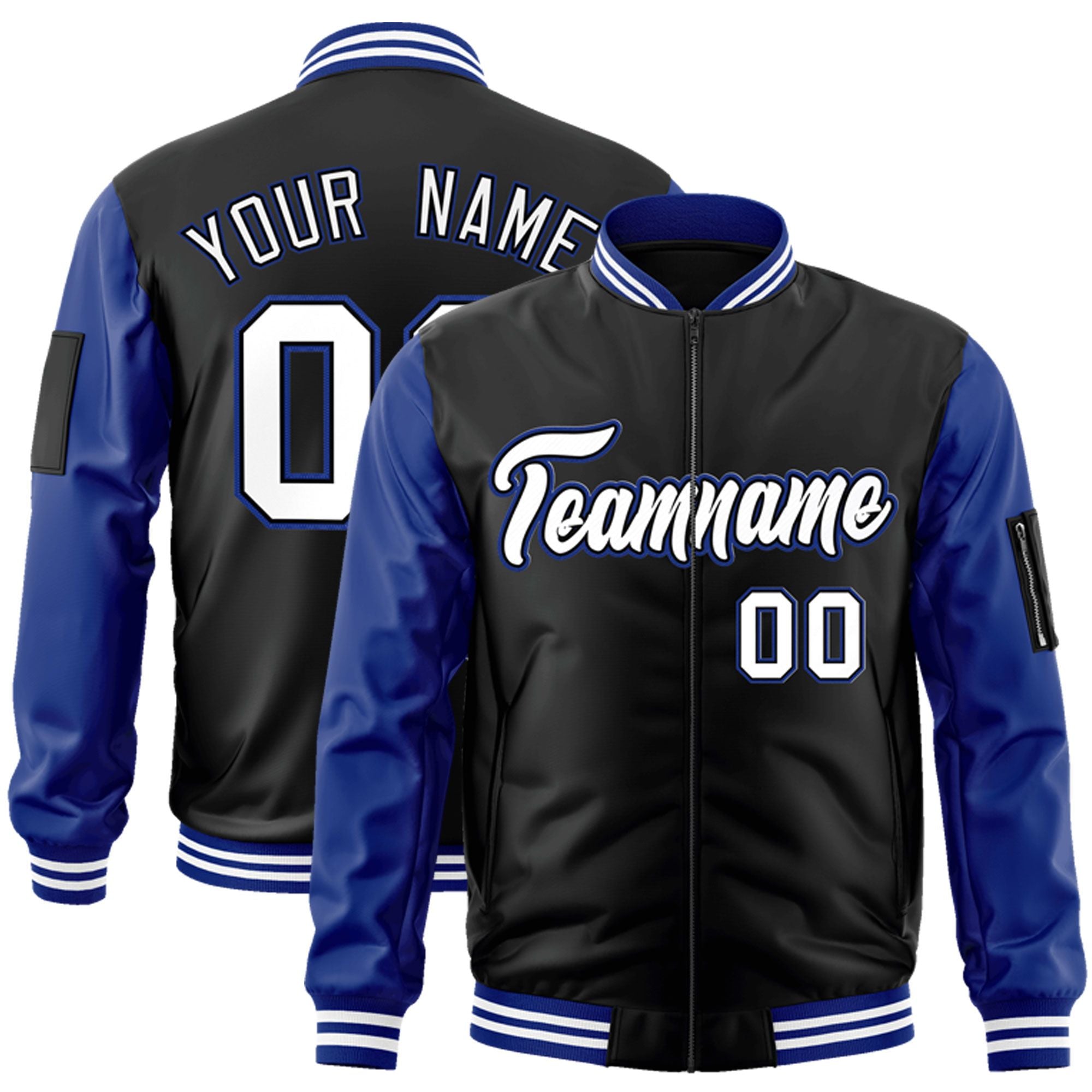 Custom Black White-Royal Varsity Full-Zip Raglan Sleeves Letterman Bomber Jacket