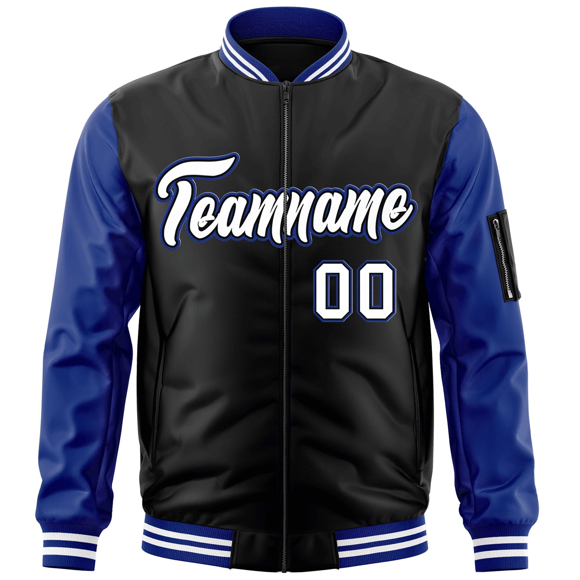 Custom Black White-Royal Varsity Full-Zip Raglan Sleeves Letterman Bomber Jacket