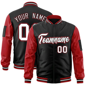 Custom Black Red-White Varsity Full-Zip Raglan Sleeves Letterman Bomber Jacket