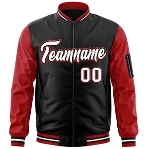 Custom Black Red-White Varsity Full-Zip Raglan Sleeves Letterman Bomber Jacket