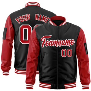 Custom Black Red-White Varsity Full-Zip Raglan Sleeves Letterman Bomber Jacket