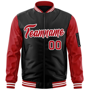 Custom Black Red-White Varsity Full-Zip Raglan Sleeves Letterman Bomber Jacket