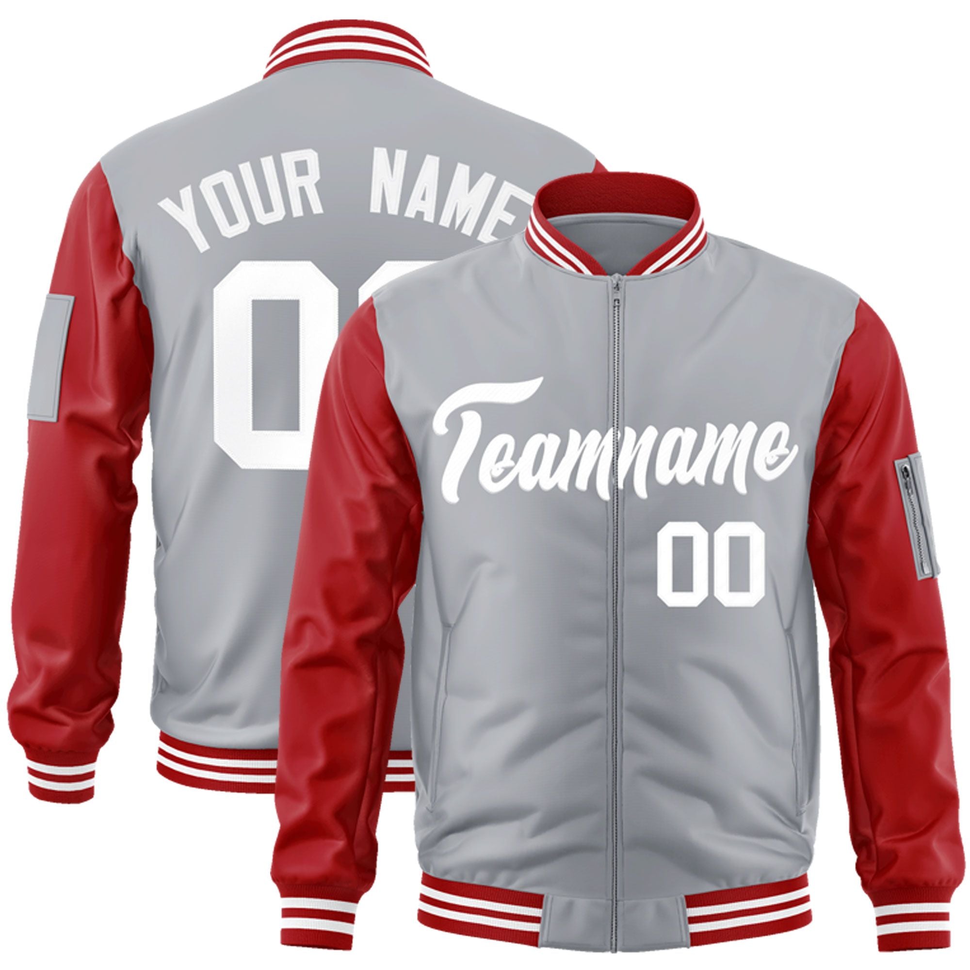 Custom Gray Red-White Varsity Full-Zip Raglan Sleeves Letterman Bomber Jacket