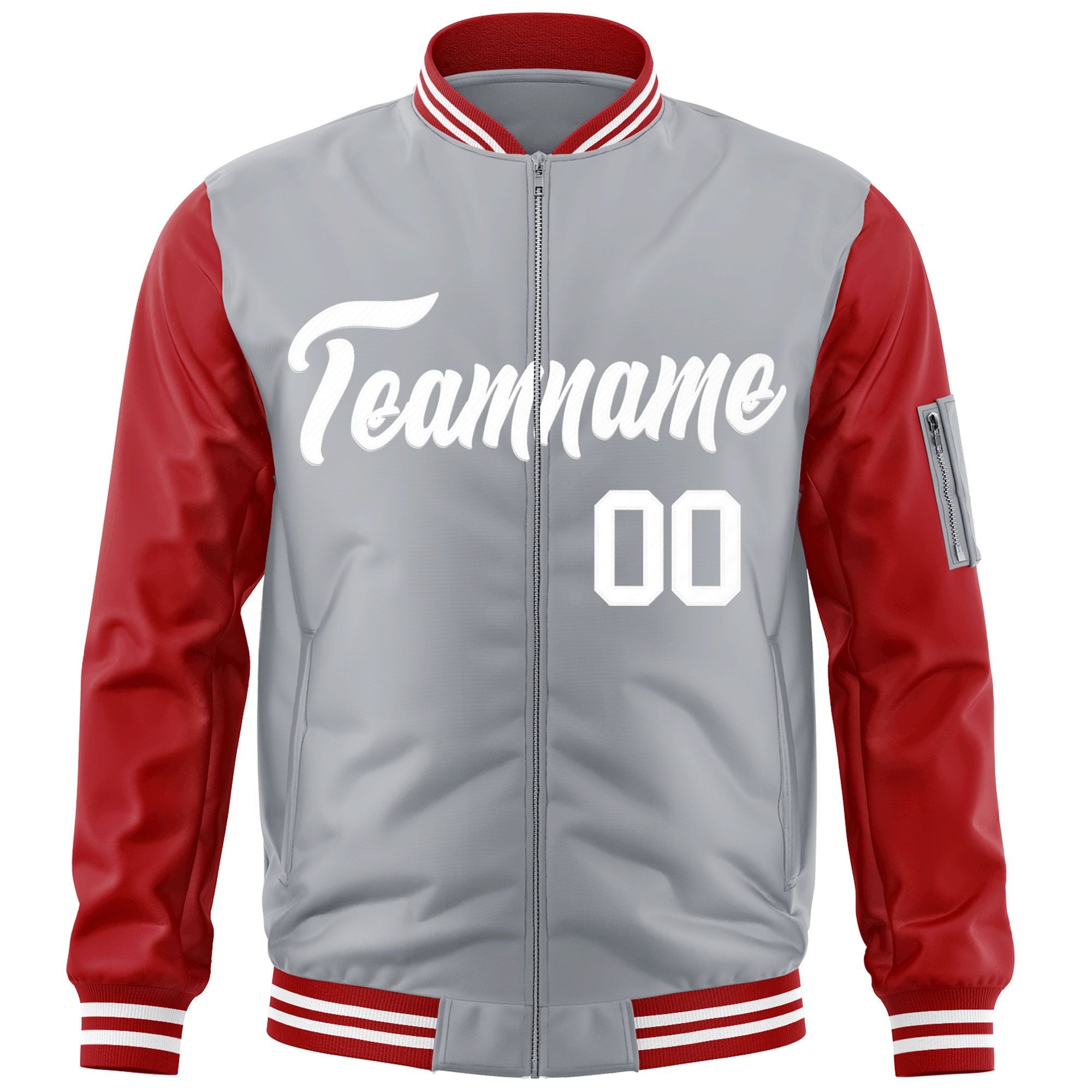 Custom Gray Red-White Varsity Full-Zip Raglan Sleeves Letterman Bomber Jacket