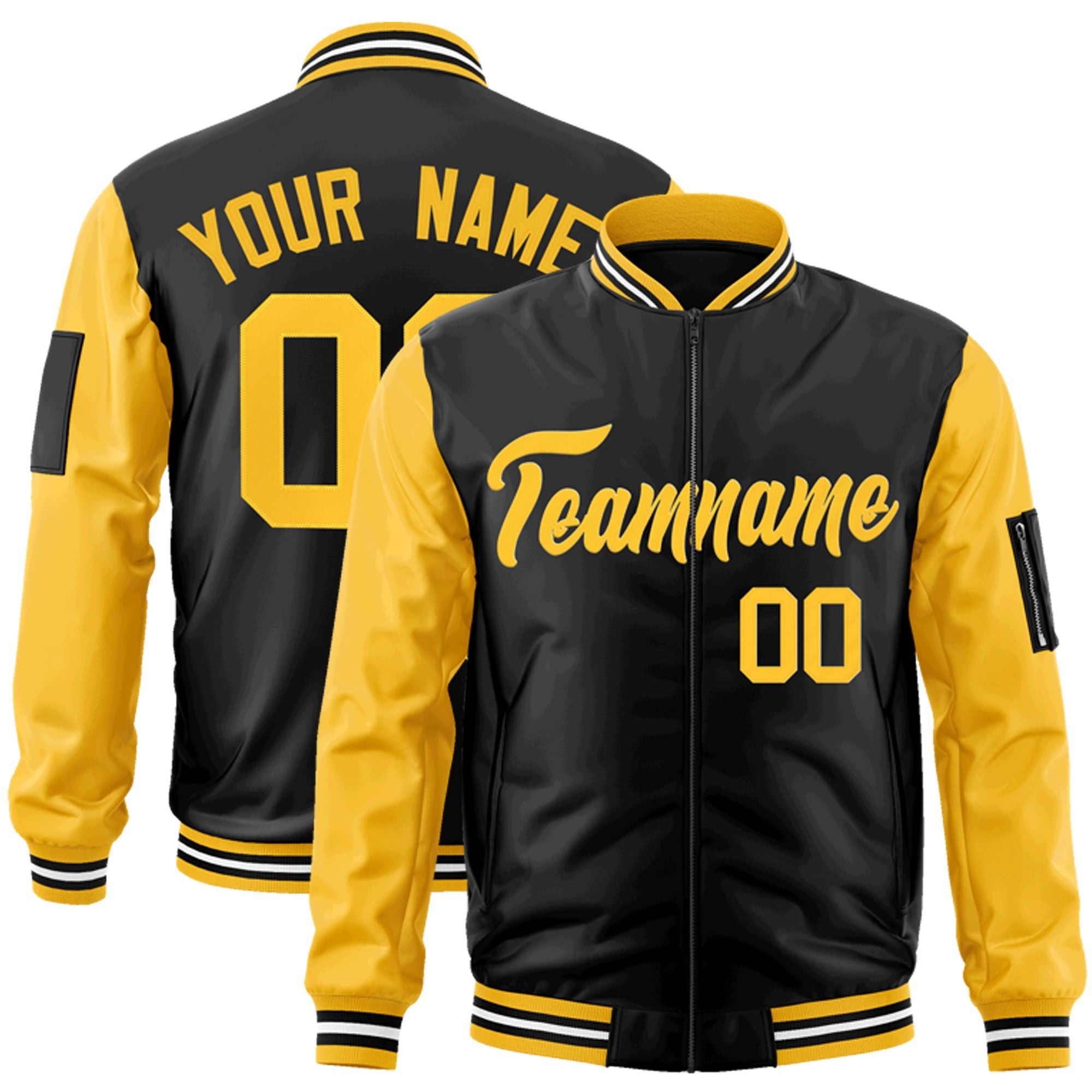 Custom Black Gold Varsity Full-Zip Raglan Sleeves Letterman Bomber Jacket