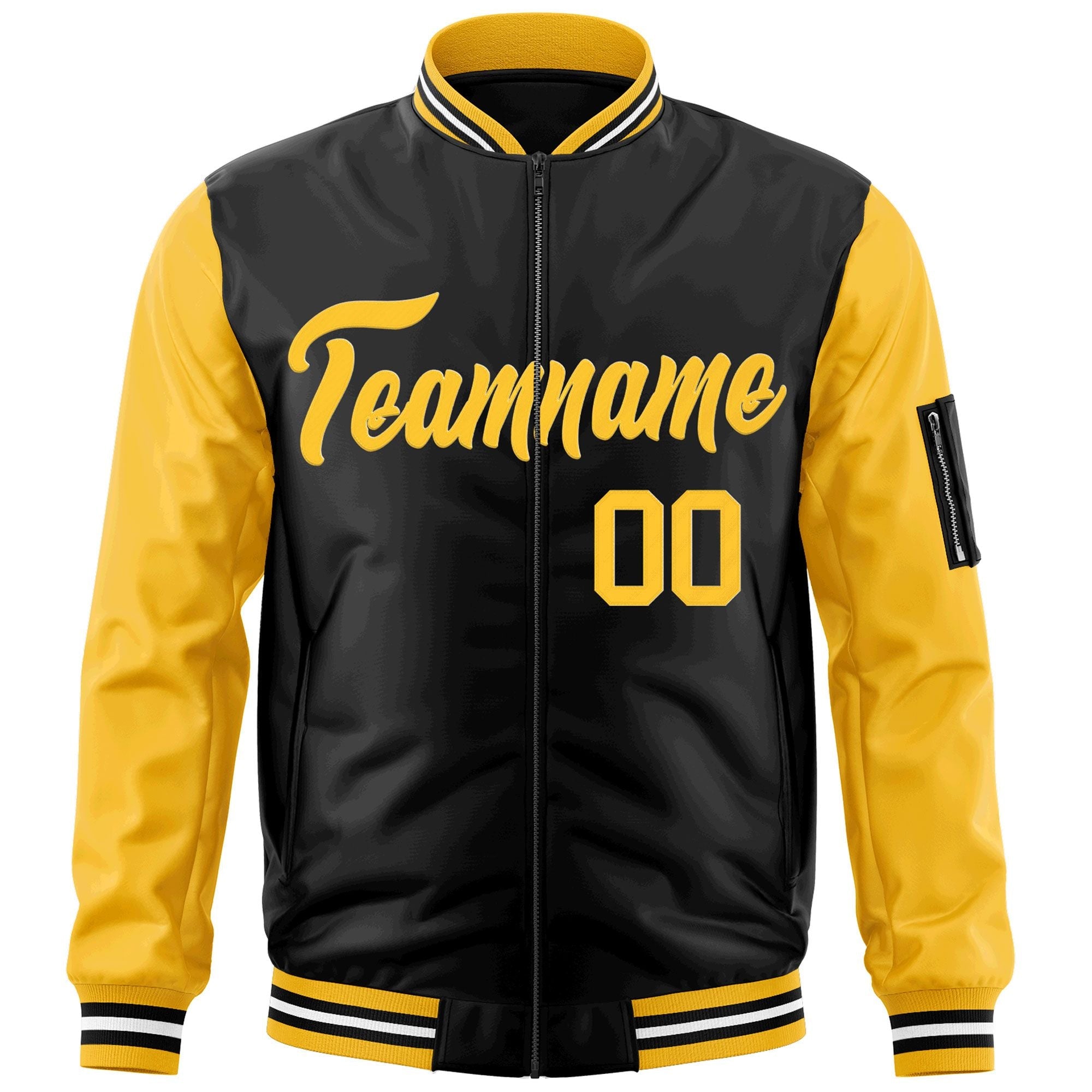 Custom Black Gold Varsity Full-Zip Raglan Sleeves Letterman Bomber Jacket