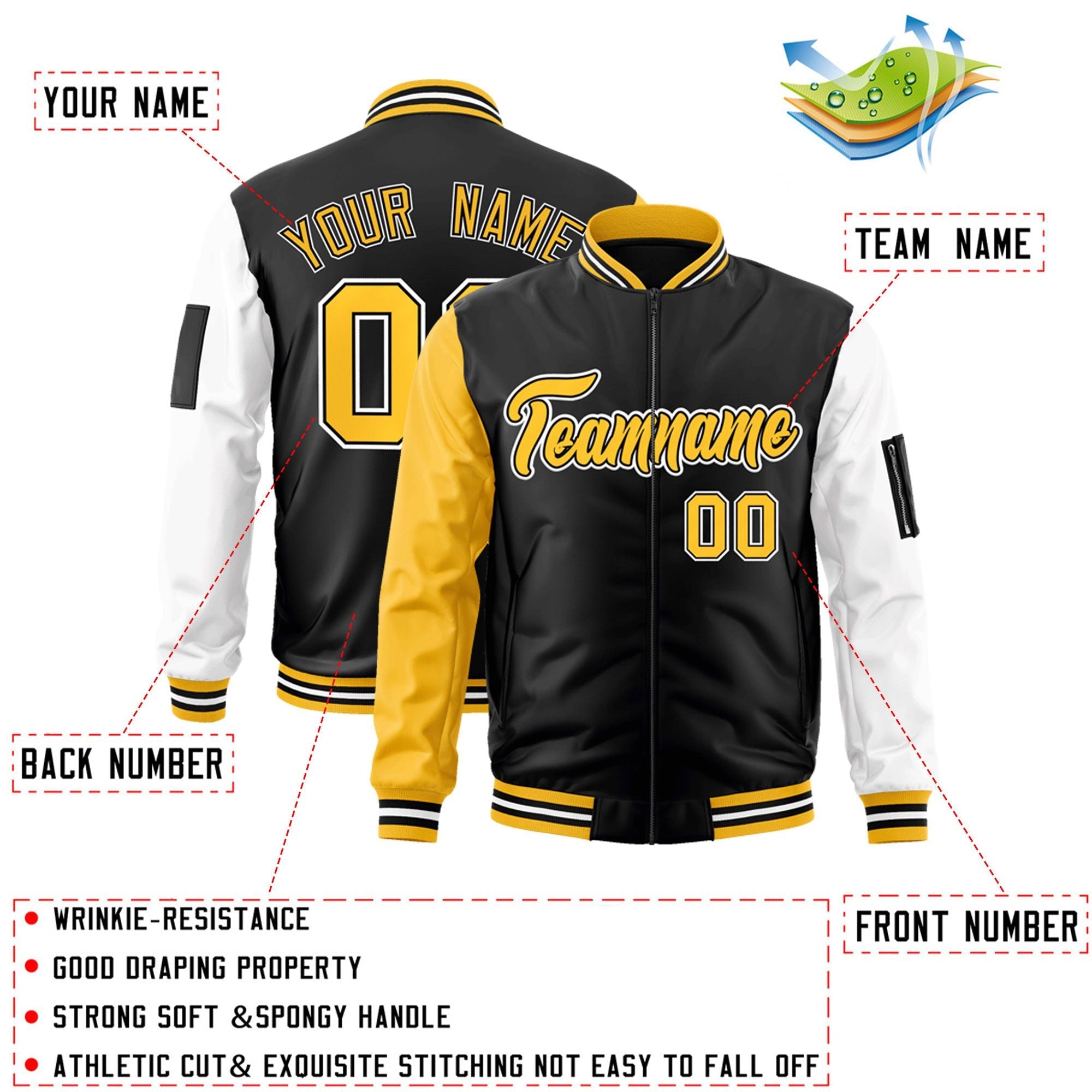 Custom Black Gold-White Varsity Full-Zip Raglan Sleeves Letterman Bomber Jacket