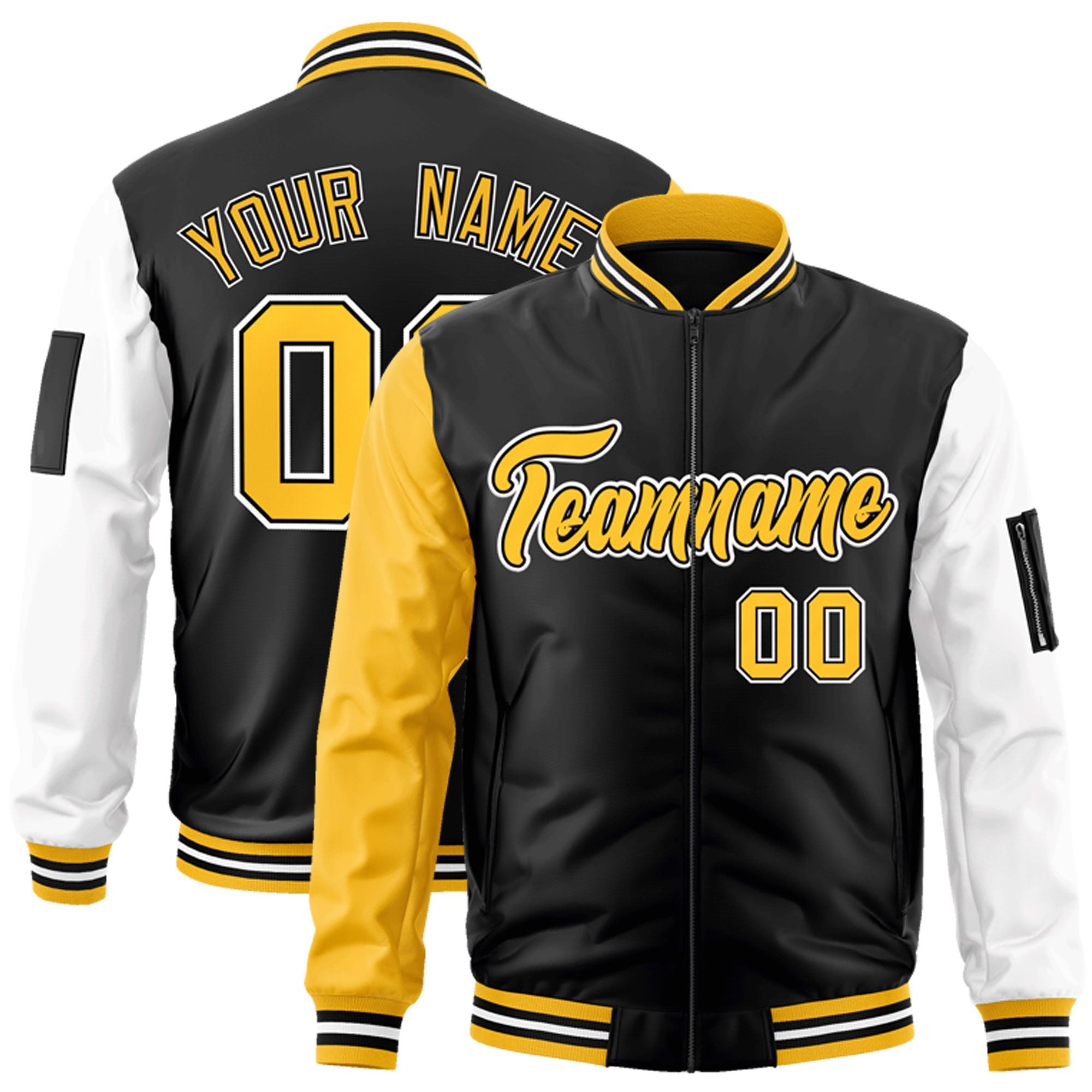 Custom Black Gold-White Varsity Full-Zip Raglan Sleeves Letterman Bomber Jacket