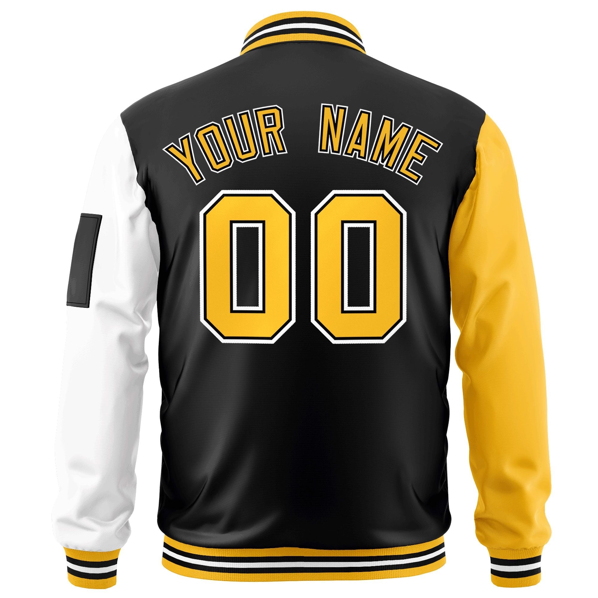 Custom Black Gold-White Varsity Full-Zip Raglan Sleeves Letterman Bomber Jacket