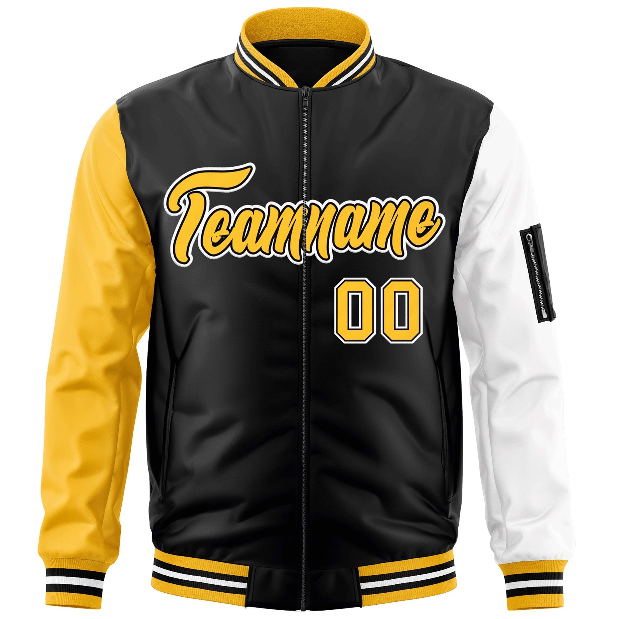 Custom Black Gold-White Varsity Full-Zip Raglan Sleeves Letterman Bomber Jacket