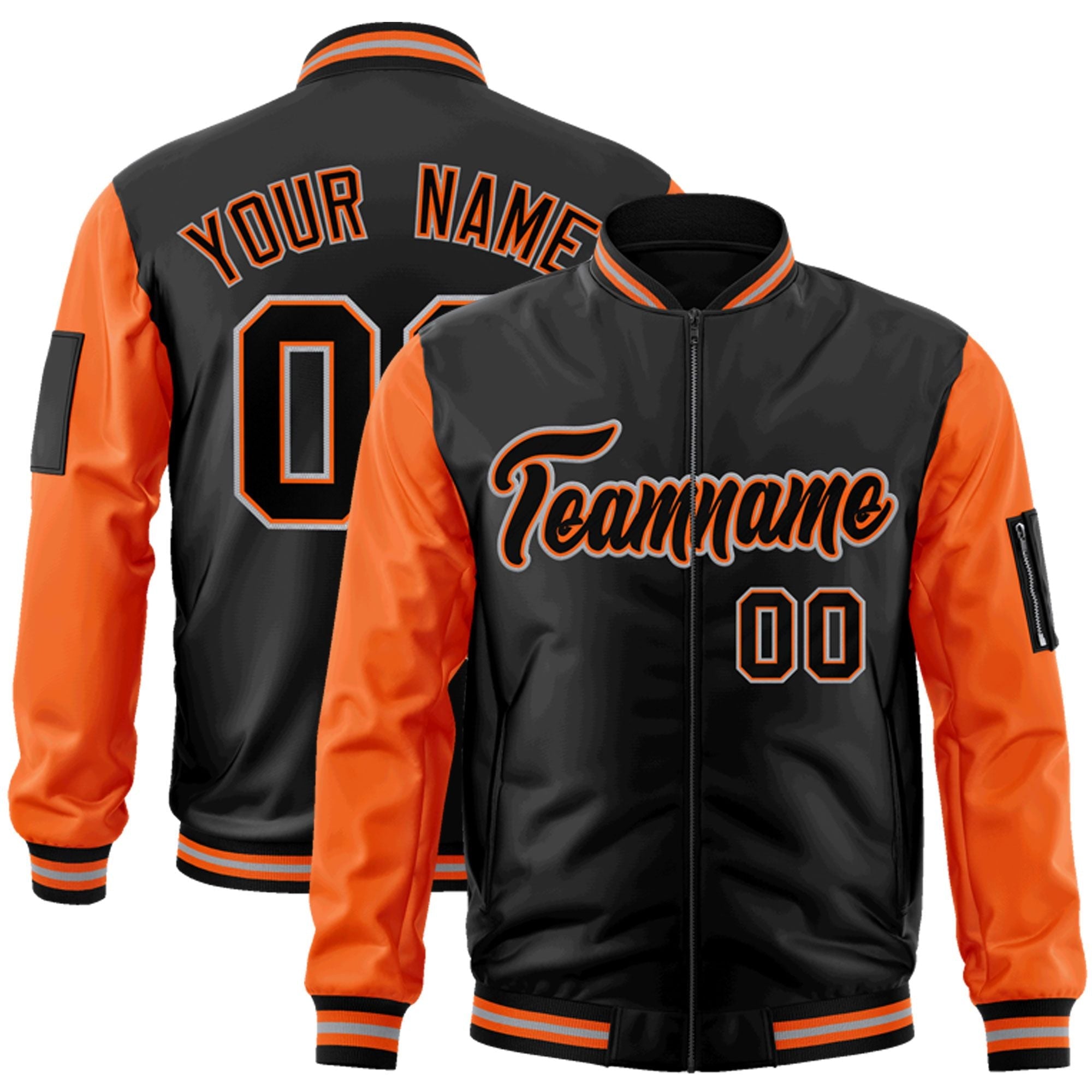 Custom Black Orange-Gray Varsity Full-Zip Raglan Sleeves Letterman Bomber Jacket